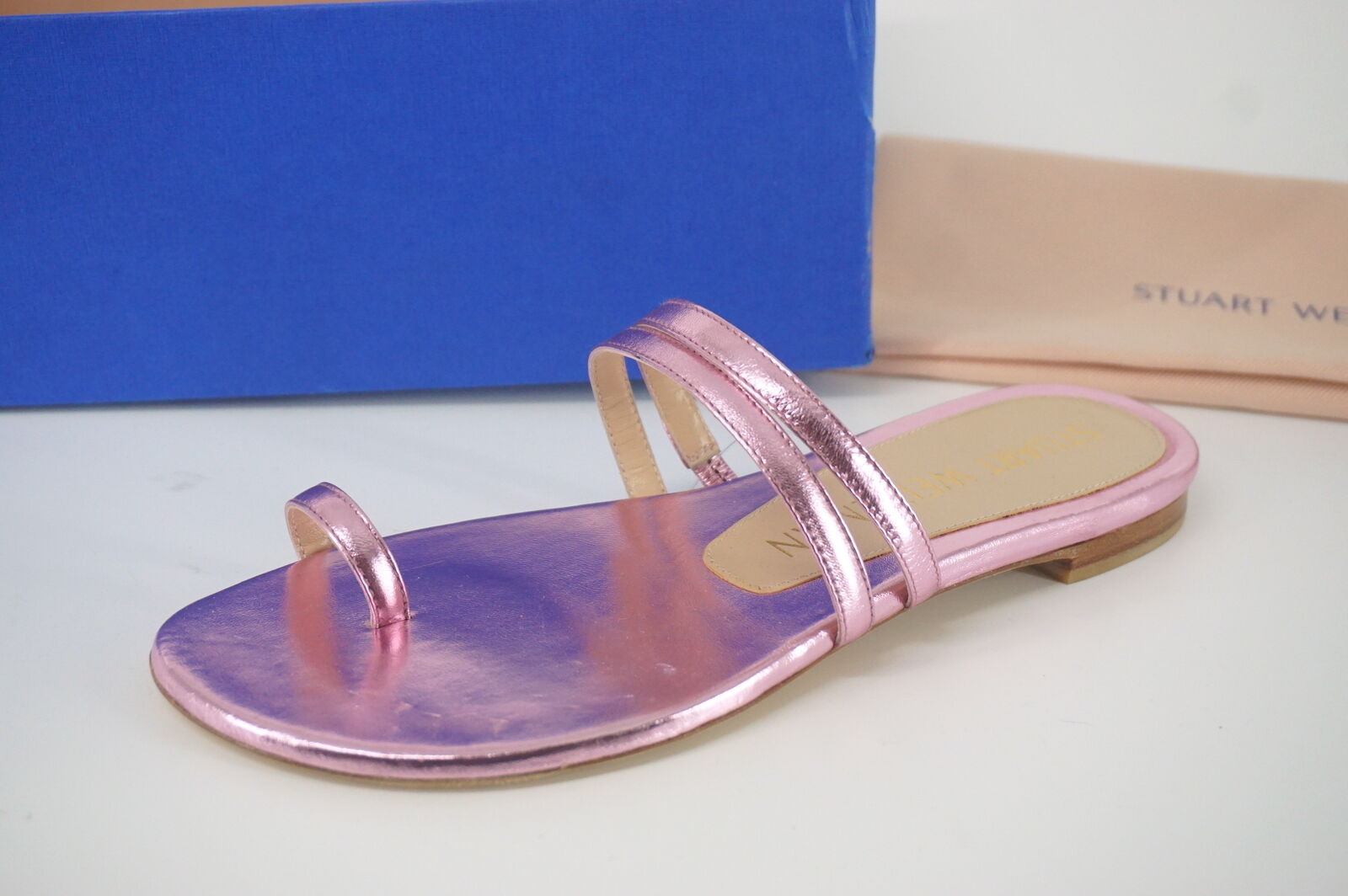 Stuart Weitzman Leonita Slide Pink Metallic Leather Sandals Size 6 New Flat $350